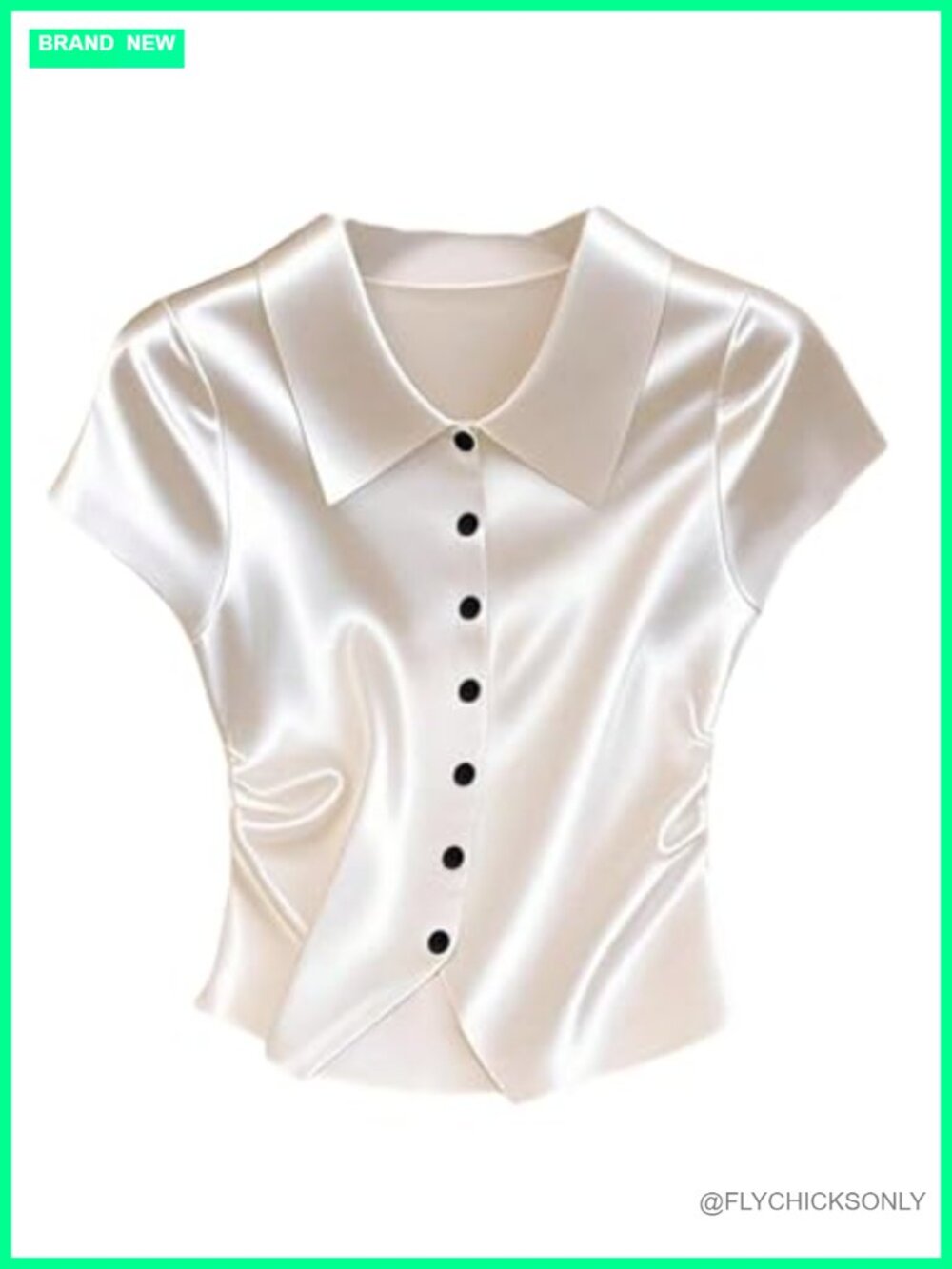 Satin Silk Button Down Collared Short Sleeve Ruched Work Blouse Top
